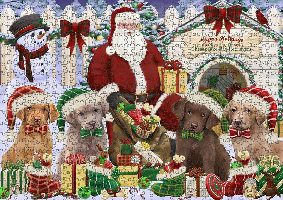 Happy Holidays Christmas Chesapeake Bay Retrievers Dog House Gathering Puzzle with Photo Tin PUZL58017