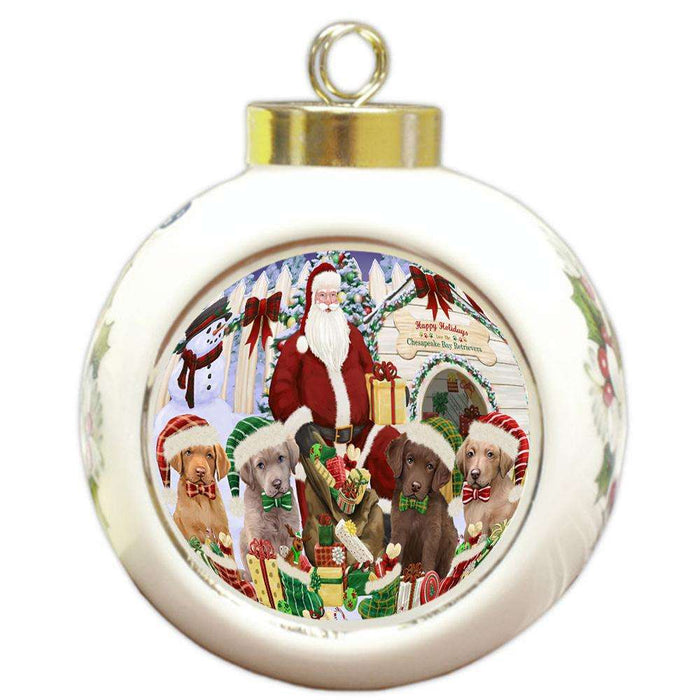 Happy Holidays Christmas Chesapeake Bay Retrievers Dog House Gathering Round Ball Christmas Ornament RBPOR51445