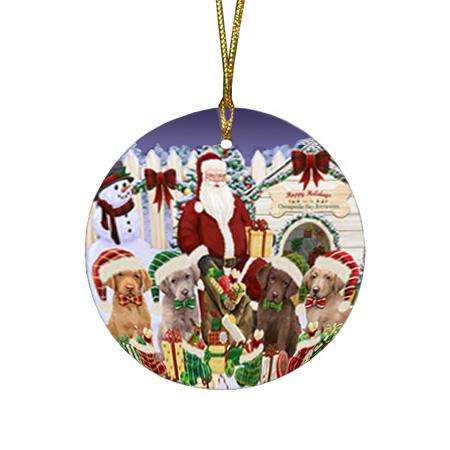 Happy Holidays Christmas Chesapeake Bay Retrievers Dog House Gathering Round Flat Christmas Ornament RFPOR51436