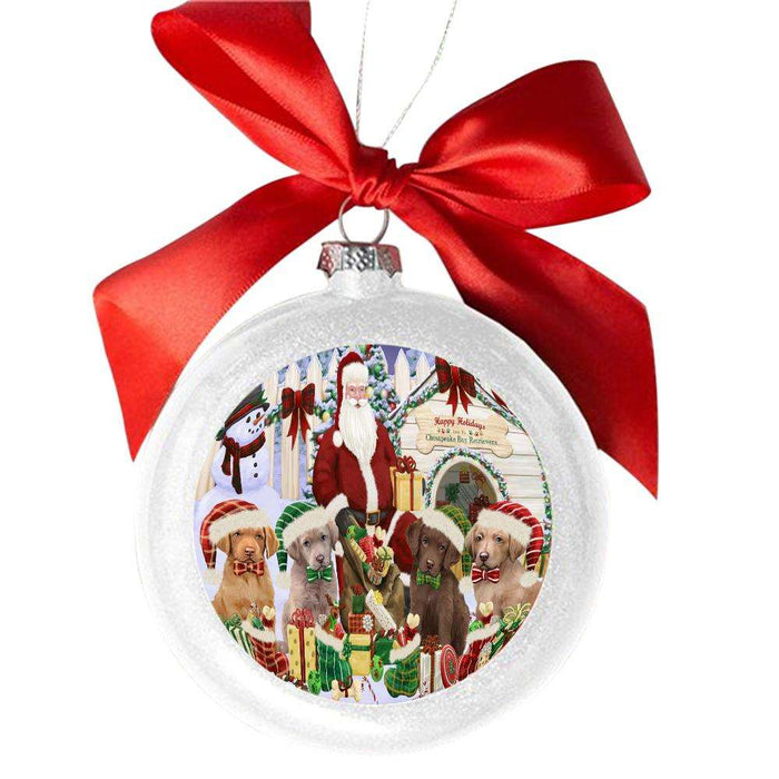 Happy Holidays Christmas Chesapeake Bay Retrievers Dog House Gathering White Round Ball Christmas Ornament WBSOR49695