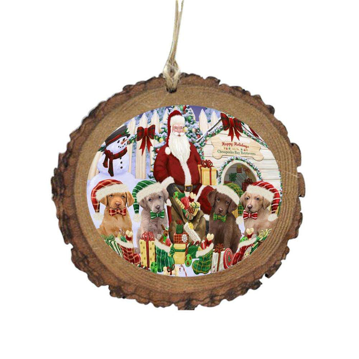 Happy Holidays Christmas Chesapeake Bay Retrievers Dog House Gathering Wooden Christmas Ornament WOR49695