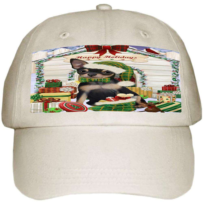 Happy Holidays Christmas Chihuahua Dog House with Presents Ball Hat Cap HAT57909