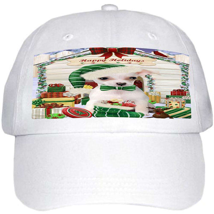 Happy Holidays Christmas Chihuahua Dog House with Presents Ball Hat Cap HAT57912