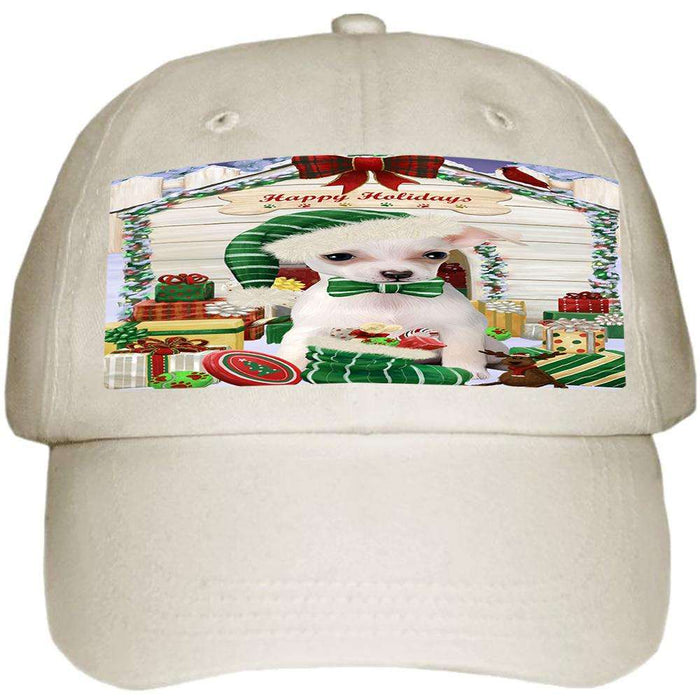 Happy Holidays Christmas Chihuahua Dog House with Presents Ball Hat Cap HAT57912