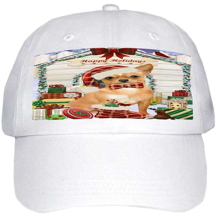 Happy Holidays Christmas Chihuahua Dog House with Presents Ball Hat Cap HAT57915