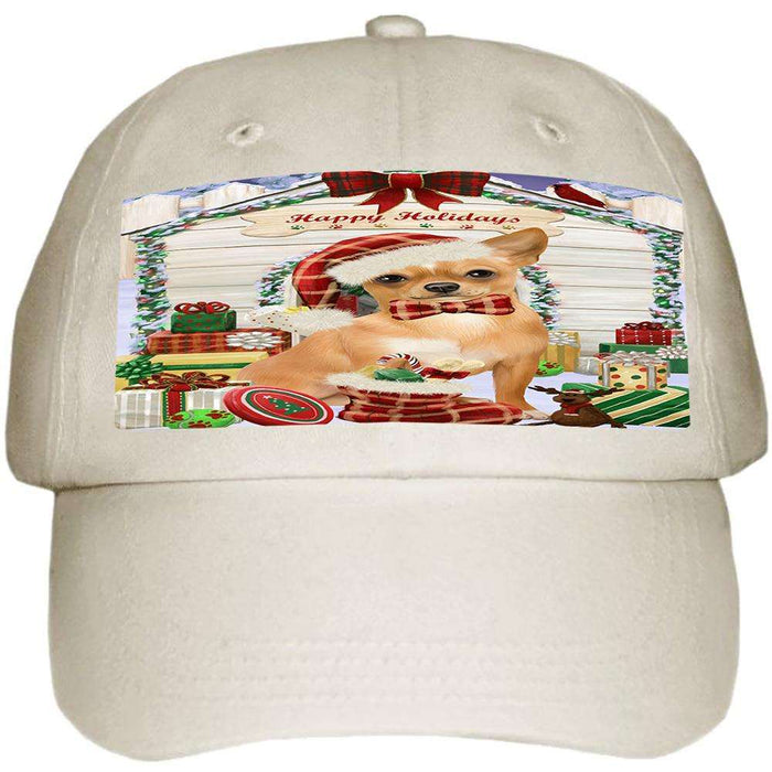 Happy Holidays Christmas Chihuahua Dog House with Presents Ball Hat Cap HAT57915
