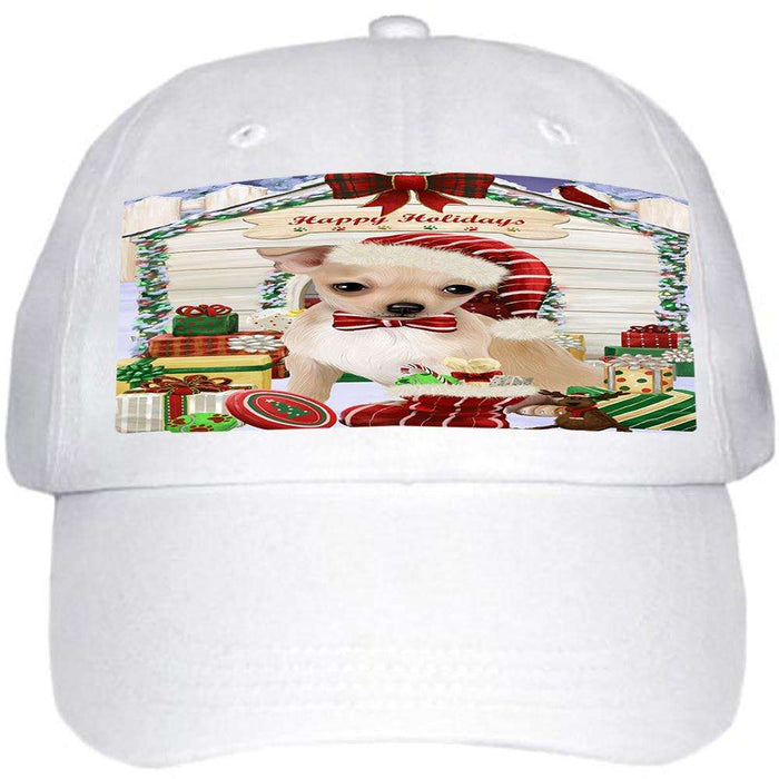 Happy Holidays Christmas Chihuahua Dog House with Presents Ball Hat Cap HAT57918