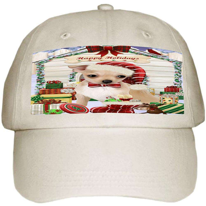 Happy Holidays Christmas Chihuahua Dog House with Presents Ball Hat Cap HAT57918