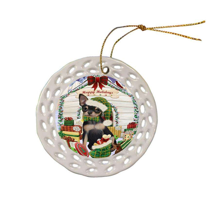 Happy Holidays Christmas Chihuahua Dog House with Presents Ceramic Doily Ornament DPOR51392