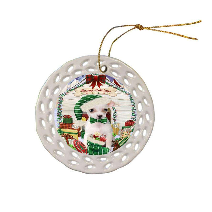 Happy Holidays Christmas Chihuahua Dog House with Presents Ceramic Doily Ornament DPOR51393