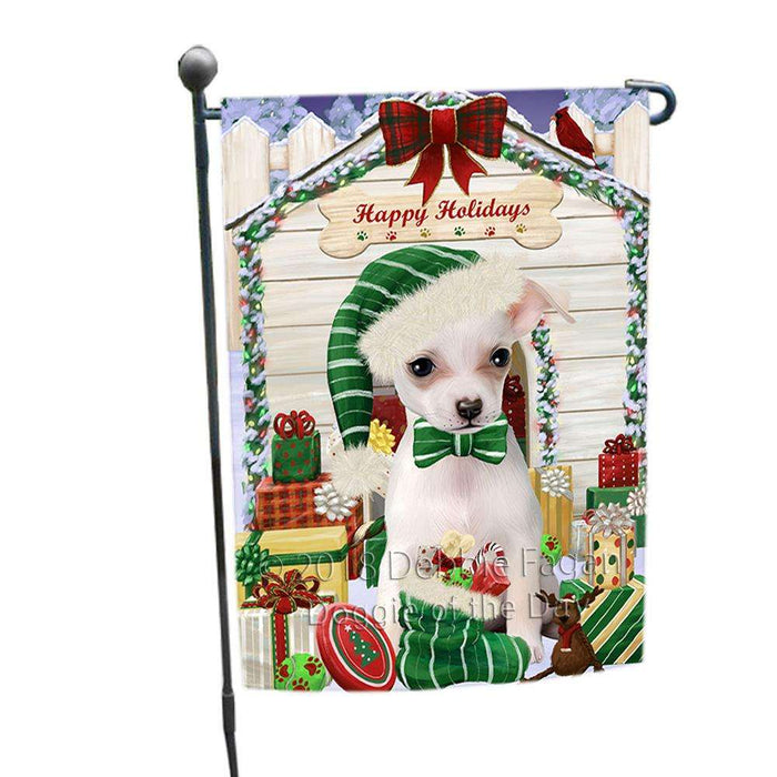 Happy Holidays Christmas Chihuahua Dog House with Presents Garden Flag GFLG51405