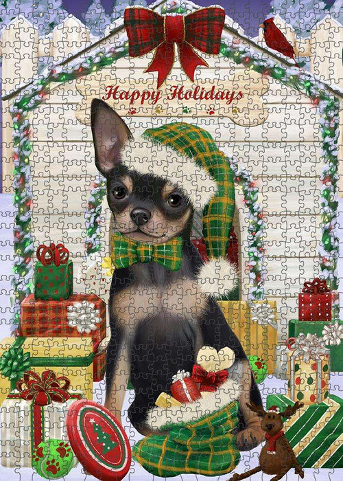 Happy Holidays Christmas Chihuahua Dog House with Presents Puzzle with Photo Tin PUZL58083