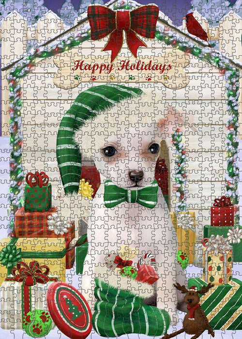 Happy Holidays Christmas Chihuahua Dog House with Presents Puzzle with Photo Tin PUZL58086