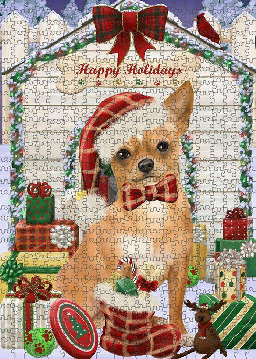 Happy Holidays Christmas Chihuahua Dog House with Presents Puzzle with Photo Tin PUZL58089