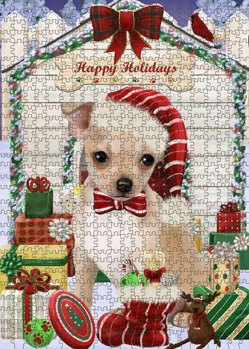 Happy Holidays Christmas Chihuahua Dog House with Presents Puzzle with Photo Tin PUZL58092