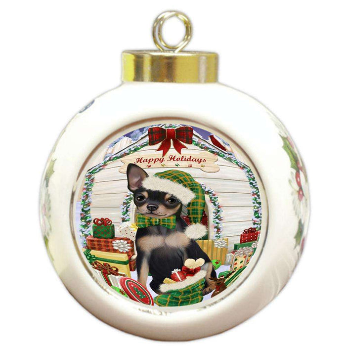 Happy Holidays Christmas Chihuahua Dog House with Presents Round Ball Christmas Ornament RBPOR51392