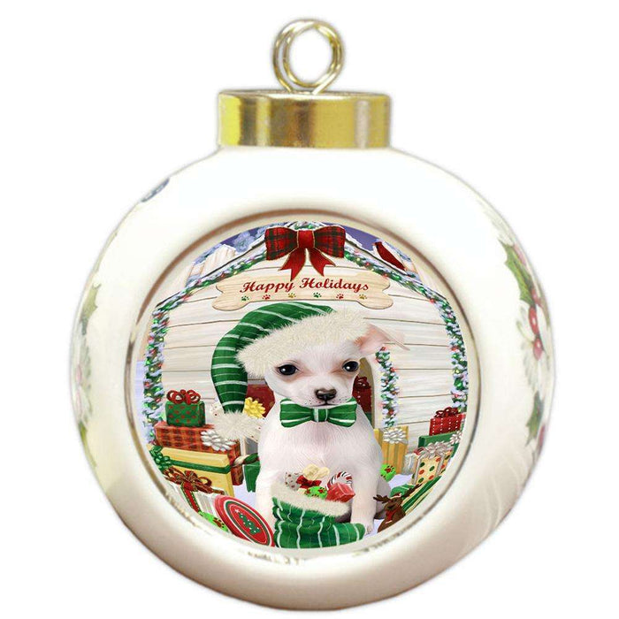 Happy Holidays Christmas Chihuahua Dog House with Presents Round Ball Christmas Ornament RBPOR51393