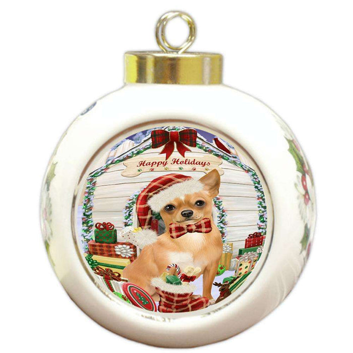 Happy Holidays Christmas Chihuahua Dog House with Presents Round Ball Christmas Ornament RBPOR51394