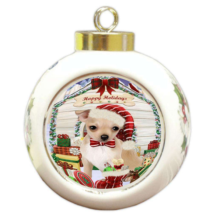 Happy Holidays Christmas Chihuahua Dog House with Presents Round Ball Christmas Ornament RBPOR51395