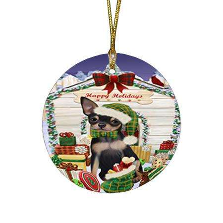 Happy Holidays Christmas Chihuahua Dog House with Presents Round Flat Christmas Ornament RFPOR51383