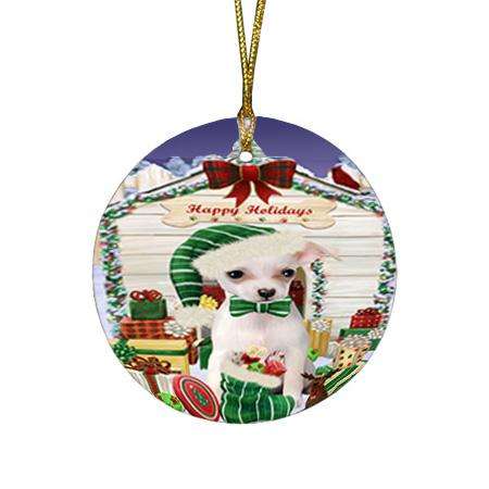 Happy Holidays Christmas Chihuahua Dog House with Presents Round Flat Christmas Ornament RFPOR51384
