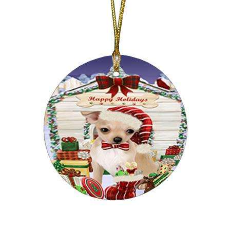 Happy Holidays Christmas Chihuahua Dog House with Presents Round Flat Christmas Ornament RFPOR51386