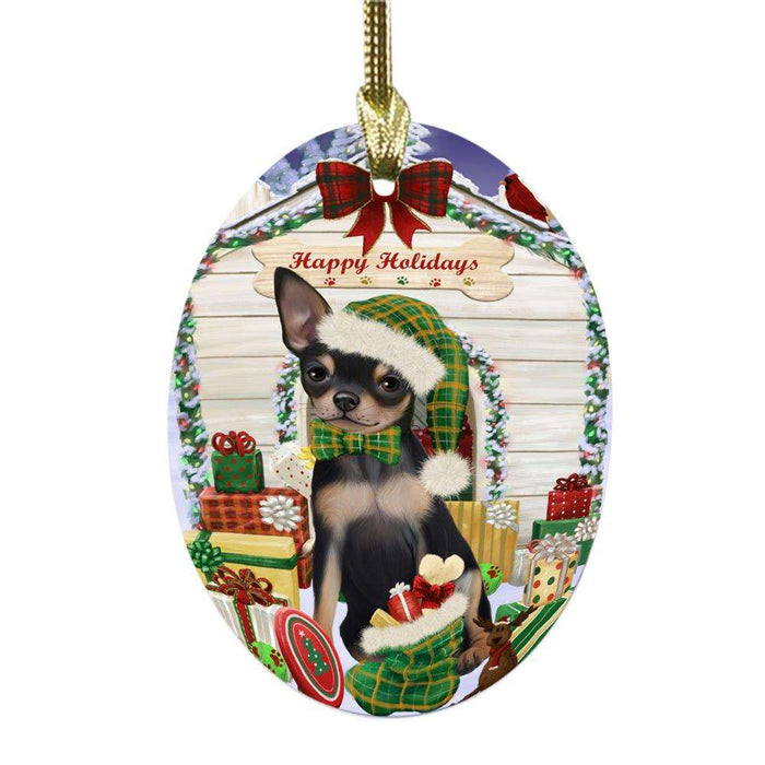 Happy Holidays Christmas Chihuahua House With Presents Oval Glass Christmas Ornament OGOR49838