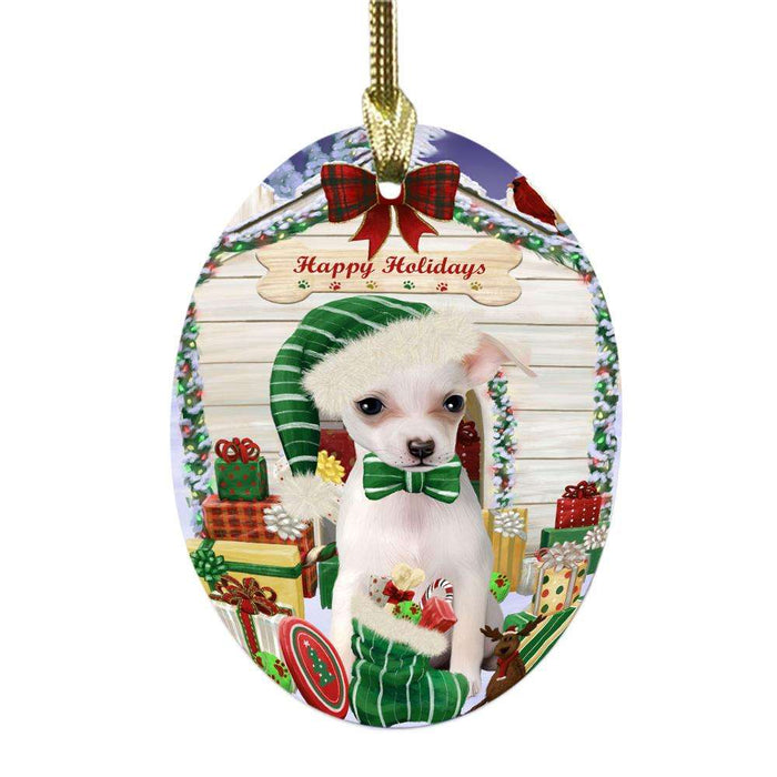 Happy Holidays Christmas Chihuahua House With Presents Oval Glass Christmas Ornament OGOR49839