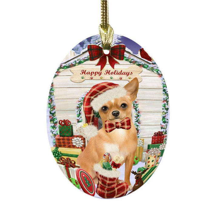 Happy Holidays Christmas Chihuahua House With Presents Oval Glass Christmas Ornament OGOR49840