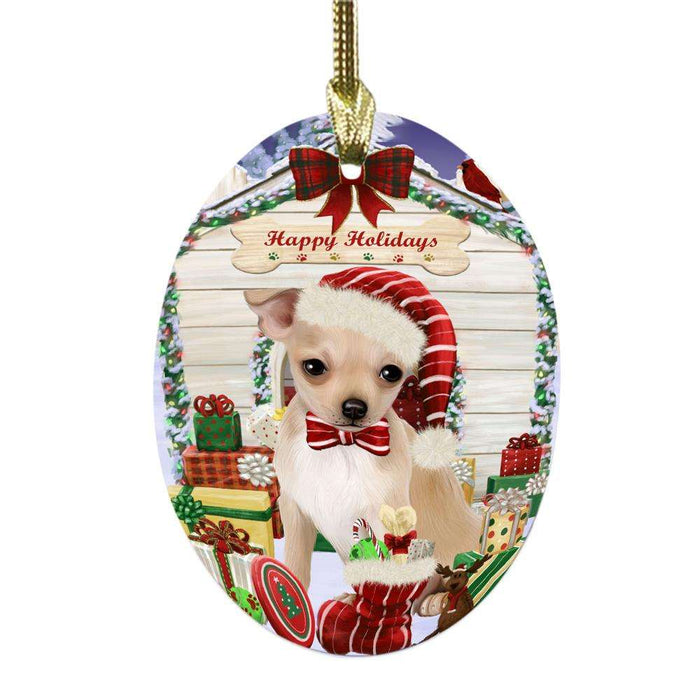 Happy Holidays Christmas Chihuahua House With Presents Oval Glass Christmas Ornament OGOR49841