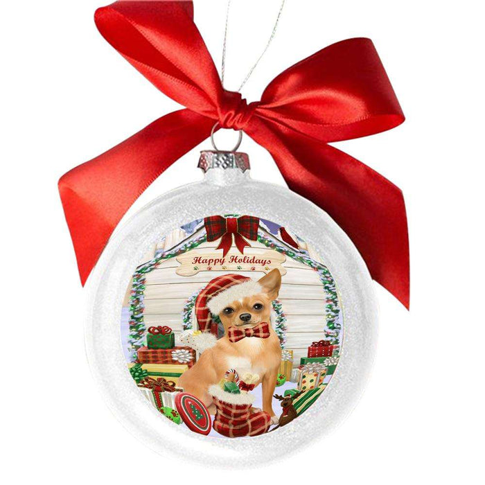 Happy Holidays Christmas Chihuahua House With Presents White Round Ball Christmas Ornament WBSOR49840