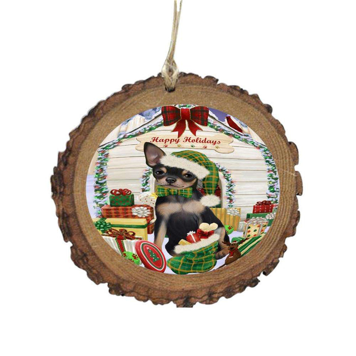 Happy Holidays Christmas Chihuahua House With Presents Wooden Christmas Ornament WOR49838
