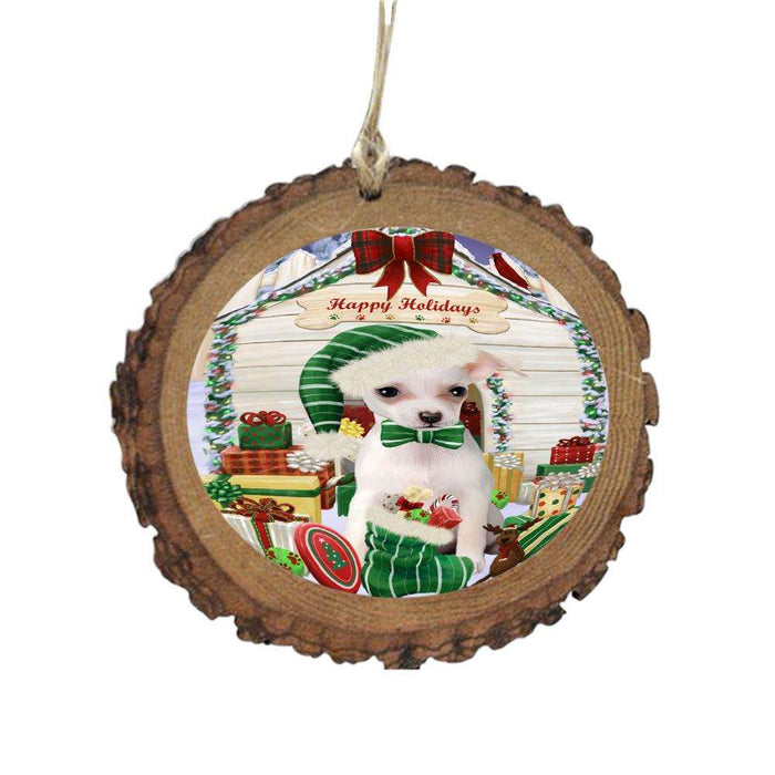 Happy Holidays Christmas Chihuahua House With Presents Wooden Christmas Ornament WOR49839