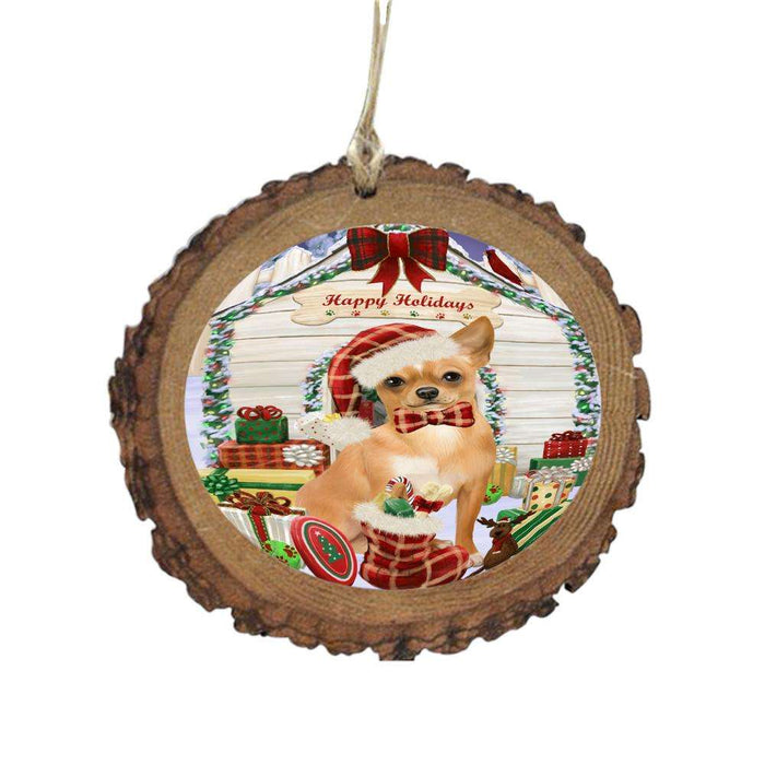 Happy Holidays Christmas Chihuahua House With Presents Wooden Christmas Ornament WOR49840