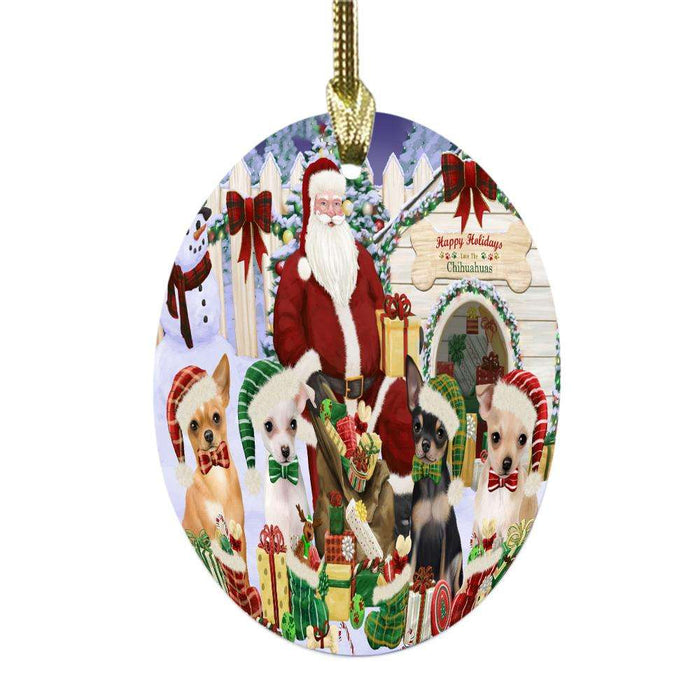 Happy Holidays Christmas Chihuahuas Dog House Gathering Oval Glass Christmas Ornament OGOR49696
