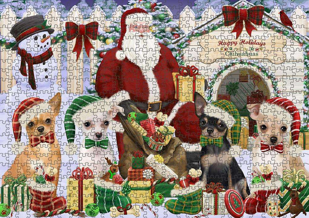 Happy Holidays Christmas Chihuahuas Dog House Gathering Puzzle with Photo Tin PUZL58020