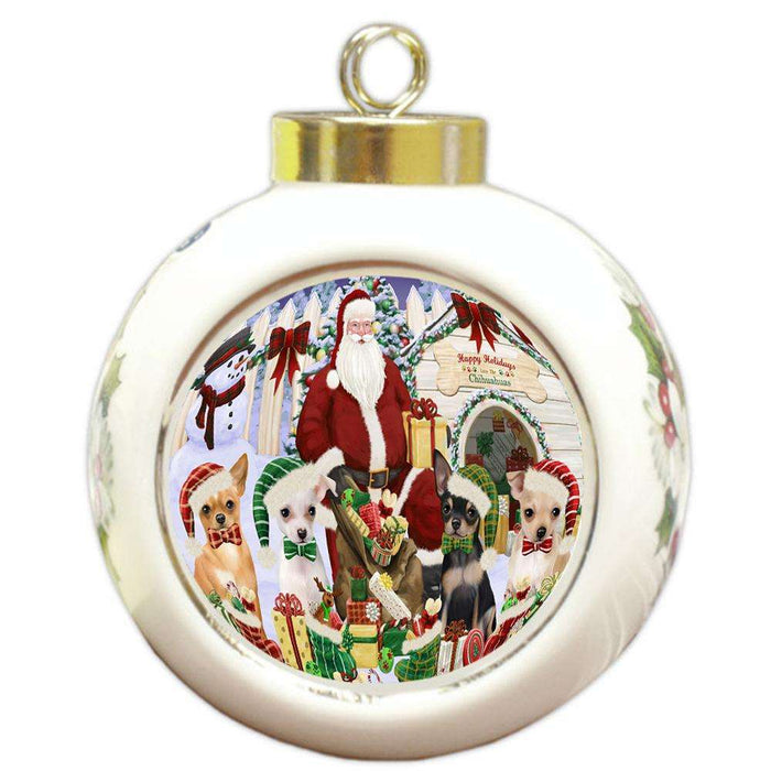 Happy Holidays Christmas Chihuahuas Dog House Gathering Round Ball Christmas Ornament RBPOR51446