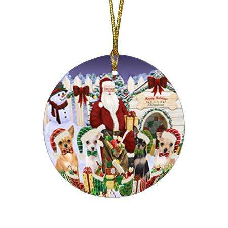 Happy Holidays Christmas Chihuahuas Dog House Gathering Round Flat Christmas Ornament RFPOR51437