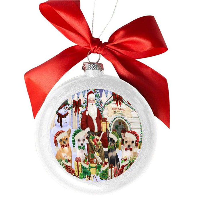 Happy Holidays Christmas Chihuahuas Dog House Gathering White Round Ball Christmas Ornament WBSOR49696