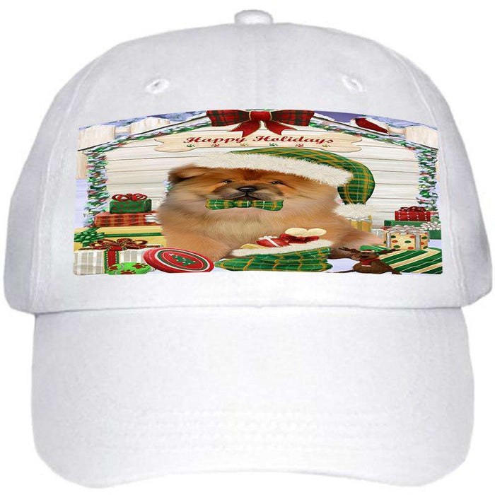 Happy Holidays Christmas Chow Chow Dog House with Presents Ball Hat Cap HAT57921