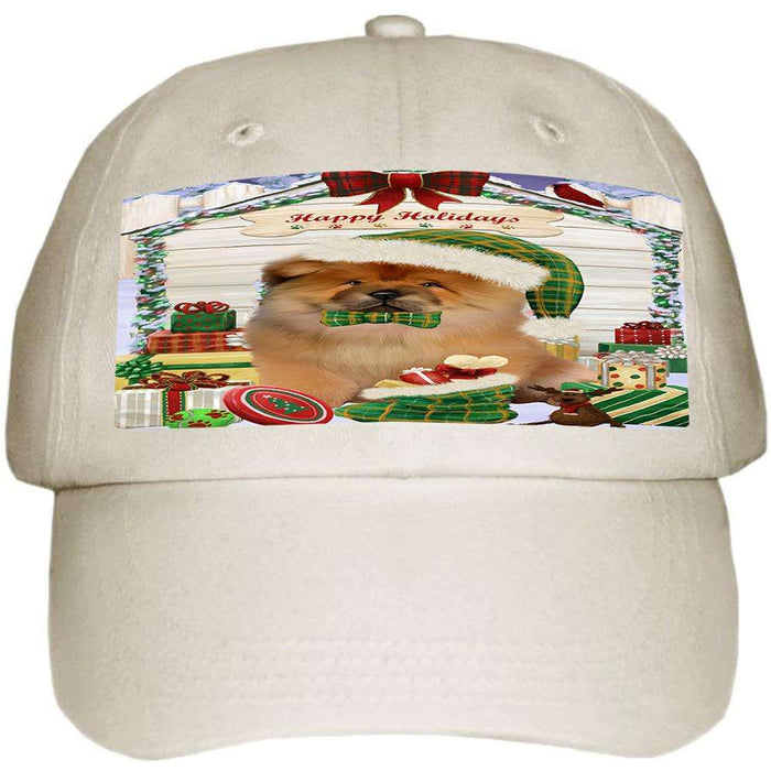 Happy Holidays Christmas Chow Chow Dog House with Presents Ball Hat Cap HAT57921