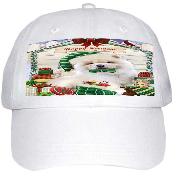 Happy Holidays Christmas Chow Chow Dog House with Presents Ball Hat Cap HAT57924