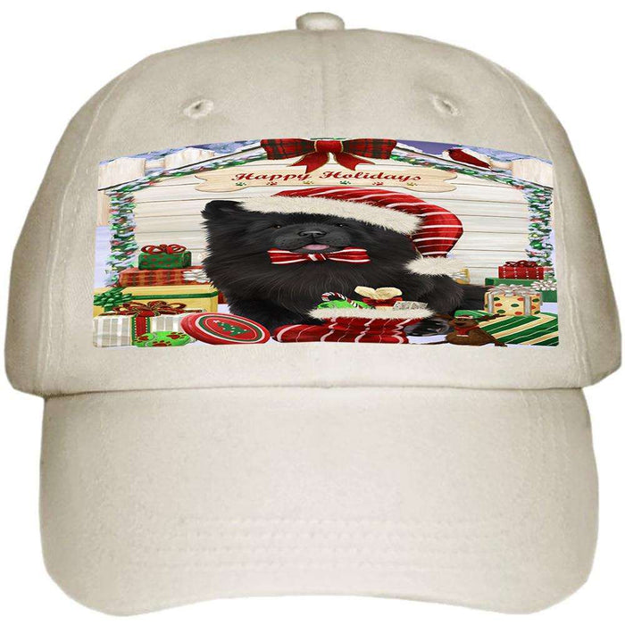 Happy Holidays Christmas Chow Chow Dog House with Presents Ball Hat Cap HAT57930