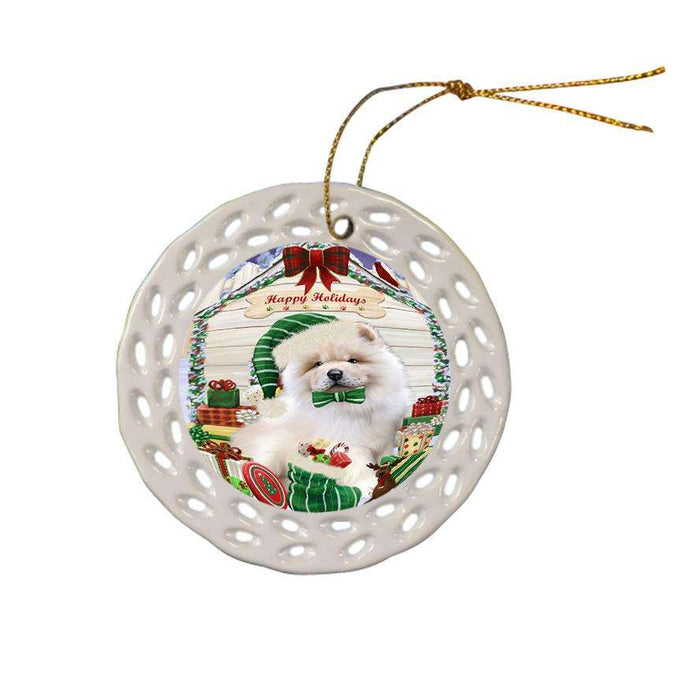 Happy Holidays Christmas Chow Chow Dog House with Presents Ceramic Doily Ornament DPOR51397