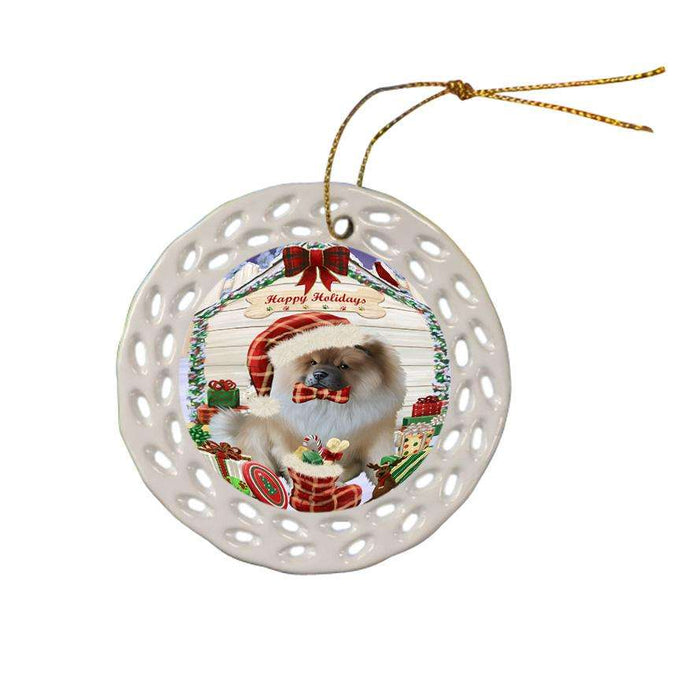 Happy Holidays Christmas Chow Chow Dog House with Presents Ceramic Doily Ornament DPOR51398