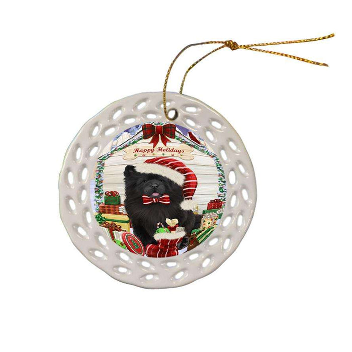 Happy Holidays Christmas Chow Chow Dog House with Presents Ceramic Doily Ornament DPOR51399