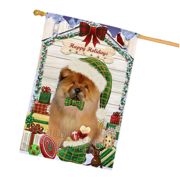 Happy Holidays Christmas Chow Chow Dog House with Presents House Flag FLG51469