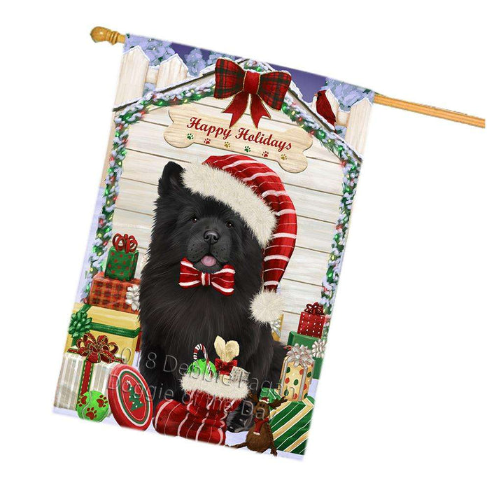 Happy Holidays Christmas Chow Chow Dog House with Presents House Flag FLG51472