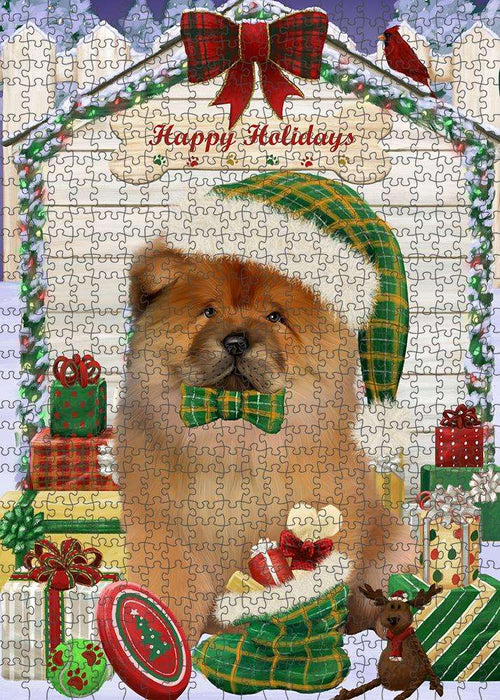 Happy Holidays Christmas Chow Chow Dog House with Presents Puzzle with Photo Tin PUZL58320