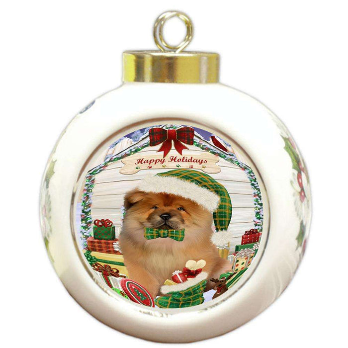 Happy Holidays Christmas Chow Chow Dog House with Presents Round Ball Christmas Ornament RBPOR51396